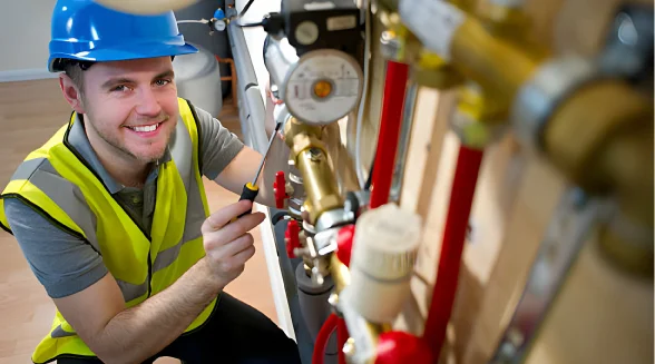 A-heating-engineer-is-working-on-a-boiler-repair