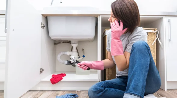 woman-sitting-next-to-a-sink-calling-a-plumber