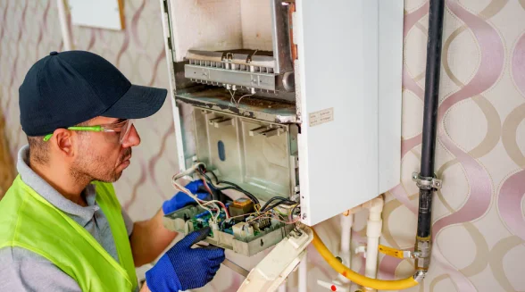gas-heating-engineer-is-installing-a-boiler-while-checking-the-wiring-system