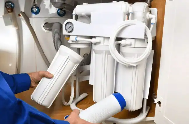 Technician replacing filter cartridges in an under-sink reverse osmosis water filtration system inside a kitchen cabinet.