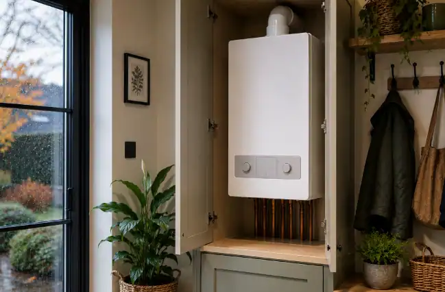 Modern combi boiler installed in a home utility cupboard on a rainy day