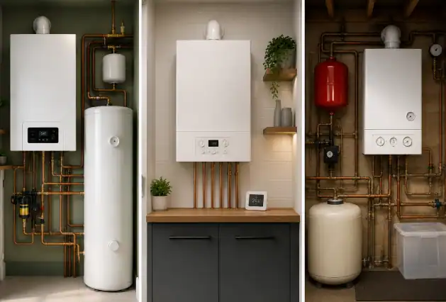 Three main boiler types: system, combi and regular heating boilers in modern home installations.