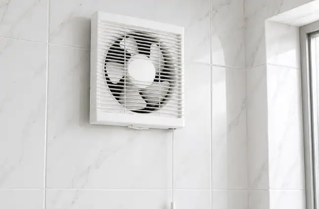White bathroom extractor fan mounted on tiled wall