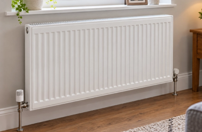 White radiator heating a modern home interior.