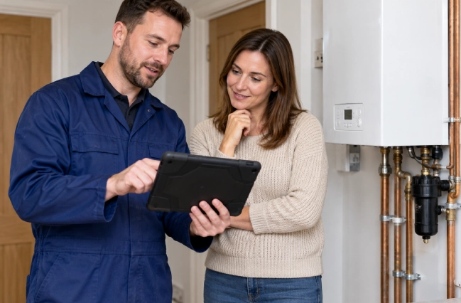 Boiler technician explaining a boiler issue to a homeowner using a tablet