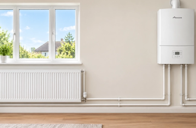 Modern central heating system with a wall-mounted boiler, radiator, and connecting heating pipes in a home