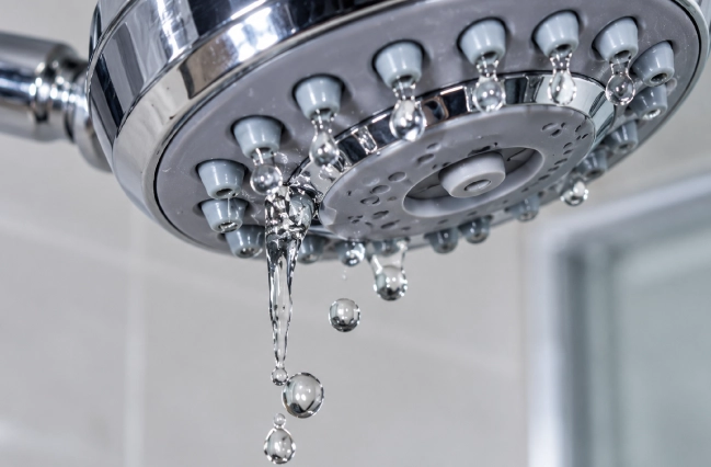 Dripping shower head with water droplets