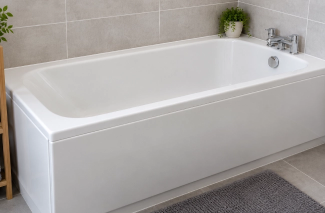 Modern white bathtub with chrome fittings in a clean, neutral tiled bathroom.