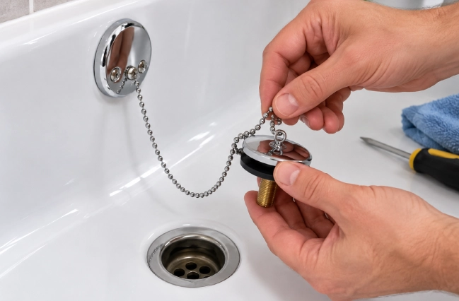 Hands replacing a chrome bath waste plug and chain in a white bathtub