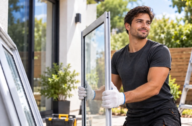 Woman carrying a glass window panel during professional window repair and installation work at a modern home.