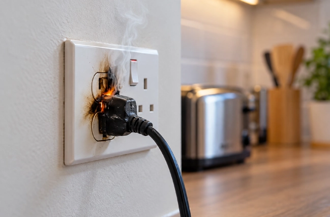 Electrical burning smell from a scorched kitchen power socket